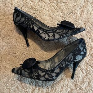 Black lace, authentic Weitzman pointed toe pumps with flower bow detail ￼